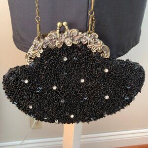Vintage Beaded Black Crossbody, Shoulder bag, Top Kiss Closure Clutch Purse